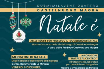 Locandina con sfondo verde scuro e immagini varie che rimandano al Natale (palline, omino di neve, doni), ravvivata da stelline sparse  fra il calendario degli eventi descritti.