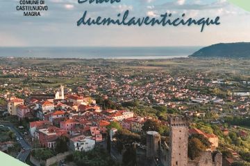L'immagine è una veduta aerea di Castelnuovo Magra sotto un cielo nuvoloso ma luminoso. In primo piano, su una collina, si erge il Castello dei Vescovi di Luni. Accanto, si possono vedere le case del borgo storico, caratterizzate da tetti in tegole e facciate colorate in tonalità pastello come il rosa, il giallo e l'arancione, che si sviluppano lungo i pendii della collina. Sullo sfondo, si estende la vasta pianura del fiume Magra punteggiata da numerosi edifici e vegetazione, che degrada verso la costa. Il mare, calmo e di colore blu chiaro, si estende all'orizzonte sotto un cielo che presenta sia nuvole chiare che zone azzurre. Nell'angolo superiore sinistro dell'immagine, è presente il logo del "COMUNE DI CASTELNUOVO MAGRA". In alto a destra, c'è una scritta in corsivo che recita "Estate duemilaventicinque". La composizione è incorniciata da elementi grafici astratti, simili a forme triangolari o aerei, in tonalità di verde chiaro e bianco, che si trovano negli angoli superiori e inferiori dell'immagine