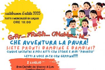 La locandina utilizza una varietà di colori vivaci (giallo, arancione, rosa, verde, rosso) per attirare l'attenzione e rendere il design allegro e adatto a un pubblico di bambini. In particolare, in alto a destra, è presente un'illustrazione di diversi bambini stilizzati che giocano e si abbracciano, suggerendo un'atmosfera gioiosa e adatta ai più piccoli. In alto a sinistra, in giallo, il titolo generale “castelnuovo d'estate 2025". Quindi, vengono indicati frequenza e orario: "TUTTI I MERCOLEDÌ DI LUGLIO ORE 18:00". A seguire il tema principale preceduto da alcune voci onomatopeiche "GrRrr... FRuSh... GNaMm... M... CHE AVVENTURA LA PAURA!" che introduce il tema degli incontri. Viene specificato "Siete pronti Bambine e Bambini? Cinque incontri a PELI RITTI con storie e albi "paurosi" letti a voce alta con Geppina!!!!!!!!". Infine, sono elencati date e luoghi di ogni singolo appuntamento (in totale sono 5), ciascuno con uno sfondo diverso. Dopo le informazioni sugli organizzatori (Comune) e patrocinatori (Nati per leggere - Liguria), in rosso, in basso, risalta una informazione finale importante: "LA PARTECIPAZIONE È LIBERA E GRATUITA".