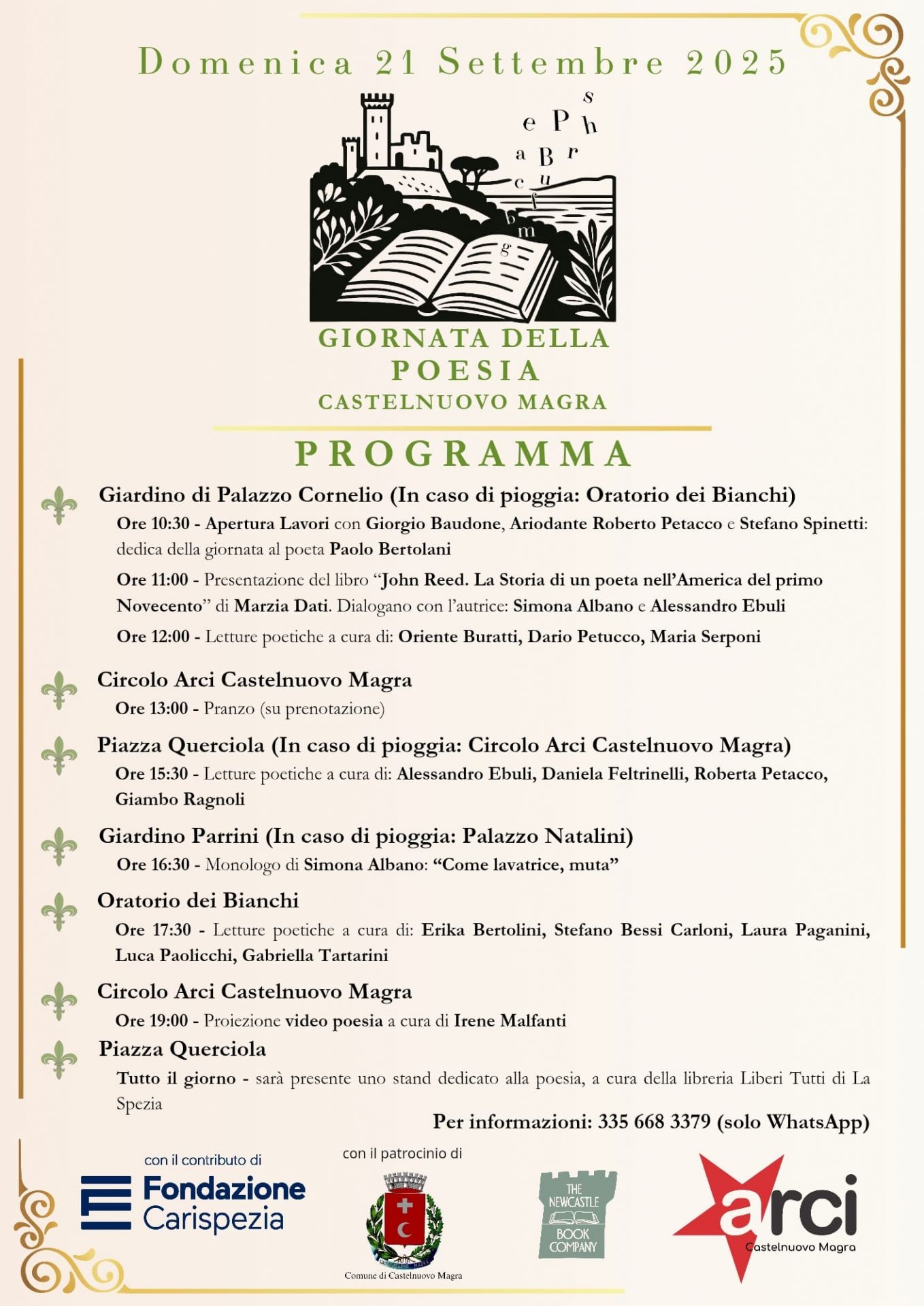 L’immagine è la locandina dell’evento “Giornata della Poesia” che si terrà a Castelnuovo Magra domenica 21 settembre 2025.

