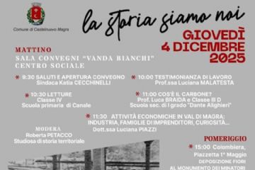 L'immagine è la locandina dell' evento intitolato "la storia siamo noi", promosso dal Comune di Castelnuovo Magra, che si svolge Giovedì 4 Dicembre 2025 ed è dedicato a Santa Barbara Patrona dei Minatori (la cui ricorrenza è appunto  il 4 dicembre). Il manifesto presenta in basso una suggestiva foto d'epoca in bianco e nero di un gruppo di persone (principalmente donne, in abiti da lavoro,  minatori e cernitrici - tutti collegati all'ambiente minerario) in posa davanti alla struttura di un impianto minerario, con travi e carrelli visibili sopra di loro. Il testo dell'evento si sovrappone a questa immagine nel descrivere in dettaglio gli appuntamenti della giornata:
Mattino - nella Sala Convegni "Vanda Bianchi" - Centro Sociale.
9:30: Saluti e Apertura Convegno (Sindaca Katia Cecchinelli)
10:00: Testimonianza di lavoro (Prof.ssa Luciana Malatesta)
10:30: Letture (Classe IV Scuola primaria di Canale)
11:00: "Cos'è il carbone?" (Prof. Luca Braida e Classe III D Scuola sec. di I grado "Dante Alighieri")
11:30: Attività economiche in Val di Magra: industria, famiglie di imprenditori, curiosità... (Dott.ssa Luciana Piazzi)
Modera: Roberta Petacco (Studiosa di storia territoriale)
Pomeriggio
15:00: Colombiera, Piazzetta 1° Maggio - DEPOSIZIONE FIORI AL MONUMENTO DEI MINATORI. A seguire, breve percorso in prossimità dei Pozzi 1-3-5, in collaborazione con AGTL La Spezia.
17:00: Biblioteca civica "Michele Ferrari" - TESTIMONIANZE DEI DISCENDENTI DEI LAVORATORI DELLA MINIERA.
Congedo finale conviviale
La cittadinanza è invitata a partecipare.