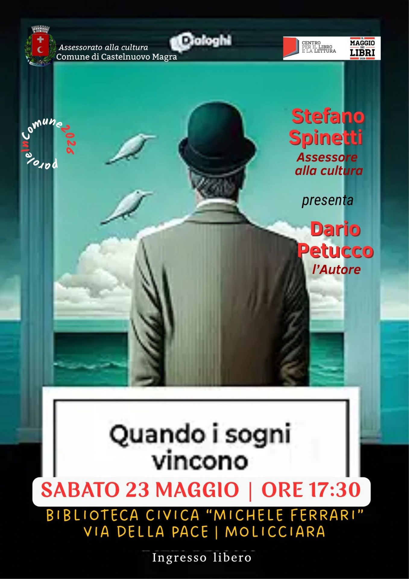L'immagine centrale della locandina è fortemente ispirata allo stile surrealista, in particolare alle opere del celebre pittore René Magritte.
Sullo sfondo di un mare calmo e di un cielo azzurro-verde con alcune nuvole bianche, si staglia di schiena una figura maschile. L'uomo indossa una giacca grigio-verde e la tipica bombetta nera sul capo, un elemento iconico del surrealismo.
Alla sinistra dell'uomo, nel cielo, volano due uccelli stilizzati di colore bianco, posizionati l'uno sopra l'altro. Tutta la scena è racchiusa all'interno di una cornice scura, che dà l'impressione di guardare il paesaggio attraverso una finestra o all'interno di una stanza.
L'atmosfera generale dell'illustrazione evoca un senso di mistero, sogno e riflessione, richiamando perfettamente il titolo del libro presentato, "Quando i sogni vincono".