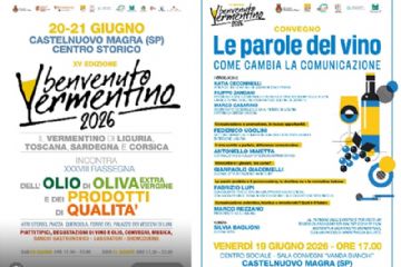 Sono due locandine affiancate relative all'evento "Benvenuto Vermentino 2026", che si terrà a Castelnuovo Magra. La locandina di sinistra (Evento Principale) illustra la XV Edizione di "Benvenuto Vermentino" (dedicata ai vini Vermentino di Liguria, Toscana, Sardegna e Corsica) in contemporanea con la XXXVIII Rassegna dell'Olio di Oliva Extra Vergine e dei prodotti di qualità. Quando: Sabato 20 e domenica 21 giugno 2026, dalle ore 17:30 alle 23:00. Dove: Centro storico di Castelnuovo Magra (Atri storici, Piazza Querciola, Torre del Palazzo dei Vescovi di Luni).  Attività: Piatti tipici, degustazioni di vino e olio, convegni, musica, banchi gastronomici, laboratori e showcooking. La locandina di destra illustra il Convegno intitolato "Le parole del vino - Come cambia la comunicazione". Quando: Venerdì 19 giugno 2026, alle ore 17:00. Dove: nellA Sala Convegni "Vanda Bianchi" presso il Centro sociale di Castelnuovo Magra. In dettaglio, prevede l'introduzione di autorità locali e del settore vinicolo, seguita da interventi di giornalisti ed esperti su temi come il marketing digitale, la comunicazione ai giovani e il greenwashing. Al termine è previsto un banco d'assaggio di vini locali con un piccolo aperitivo.