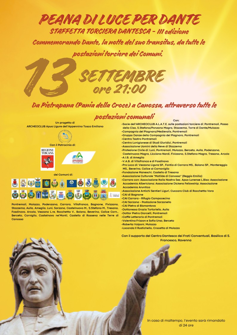 Questa locandina promuove l'evento culturale e commemora la III edizione della "Staffetta Torciera Dantesca".
In altro viene indicato il giorno e l'ora dell'evento: 13 settembre alle 21:00. In basso a sinistra è raffigurato il volto di Dante Alighieri in toni seppia. Quindi sul lato destro sono enumerati gli organizzatori e i patrocini: il Progetto è curato da Archeoclub Apuo-Ligure dell'Appennino Tosco Emiliano, con il patrocinio della Regione Toscana, del Parco Nazionale Appennino Tosco-Emiliano e di numerosi Comuni e associazioni locali .In basso, scritta in piccolo,  la nota meteo: In caso di maltempo l'evento è rimandato di 24 ore.