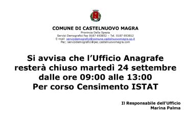 Avviso chiusura Ufficio Anagrafe