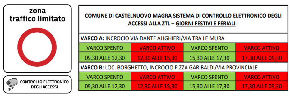 FASCE ORARIE ZTL ATTIVA dalle 12,30 – 15,30 e ininterrottamente dalle ore 17,30 alle ore 9,30, tutti i giorni feriali e festivi così come previsto da ORDINANZA N. 34 del 24-06-2023 Reg. Gen. 39 del 24-06-2023

Nelle fasce orarie di disattivazione della ZTL sono consentite le
operazioni di carico e scarico, tra le ore 9,30 e le ore 12,30 e tra le ore 15,30 e le 17,30.