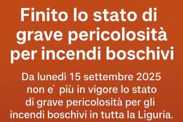 Da lunedì 15 settembre 2025 non è più in vigore lo stato di grave pericolosità per gli incendi boschivi in tutta la Liguria.