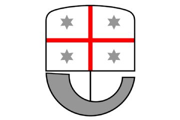 Logo della Regione Liguria: la parte superiore mostra una croce rossa sullo sfondo bianco dello scudo e nei quattro quadranti creati dalla croce ci sono quattro stelle grigie. Sotto lo scudo crociato completa il logo un elemento a forma di mezzaluna di colore grigio. 