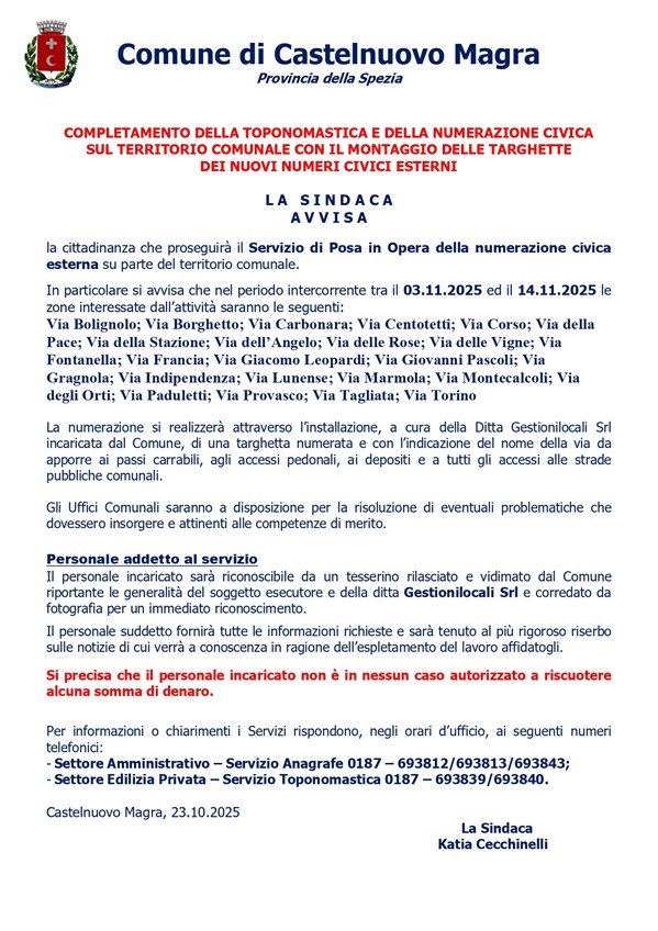 Manifesto con avviso della Sindaca su completamento toponomastica con elenco delle vie interessate e informazioni sul personale addetto al servizio