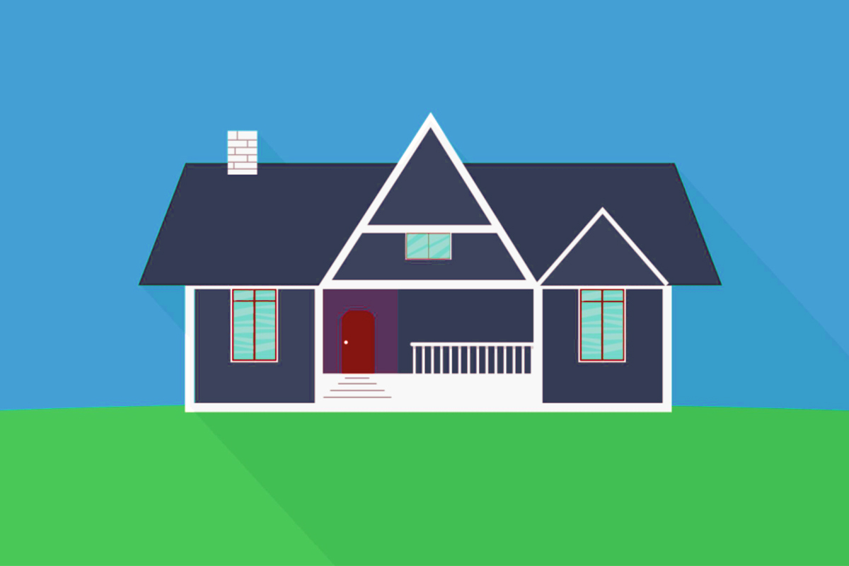 casa di colore blu notte con tre finestre celesti, un portone rosso e un giardino verde