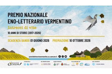 Evento: 10ª edizione del Premio Nazionale Eno-Letterario Vermentino (2017-2026), che unisce vino e narrativa.
Scadenza bando: 1 giugno 2026. Premiazione: 10 ottobre 2026.
Grafica: Un uccellino in origami fatto di carta stampata che vola su un paesaggio stilizzato di vigneti e colline.
Promotori: Ideato dalla Camera di Commercio di Sassari.
Collaborazioni e Patrocini: Consorzio di Tutela del Vermentino di Gallura DOCG, ALI (Associazione Librai Italiani) e Unioncamere.
sito web: premioletterariovermentino.ss.camcom.it insieme alle icone social (Facebook, Instagram, YouTube).