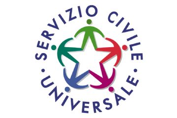 scrittura a cerchio del servizio civile universale  con all'interno del cerchio cinque persone di colore blu, viola, rosso , verde e verde scuro