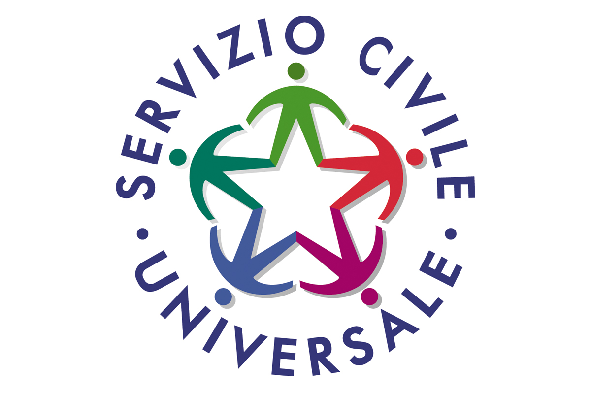 scrittura a cerchio del servizio civile universale  con all'interno del cerchio cinque persone di colore blu, viola, rosso , verde e verde scuro
