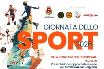 La locandina presenta il titolo “Giornata dello Sport 2026” al centro, con il logo del Comune nella parte superiore.
Sono raffigurate figure stilizzate che praticano diversi sport: basket, pallavolo, ciclismo, corsa e calcio, in colori vivaci.

Sotto le immagini sono riportati gli orari e i luoghi delle attività della giornata: presentazione del 50° Giro della Lunigiana, incontro su Sport e Salute, Open Day delle società sportive e consegna dei riconoscimenti.

In fondo compaiono la data sabato 16 maggio, il luogo Castelnuovo Magra, e le diciture “Evento gratuito” e “Tutta la popolazione è invitata a partecipare”.
