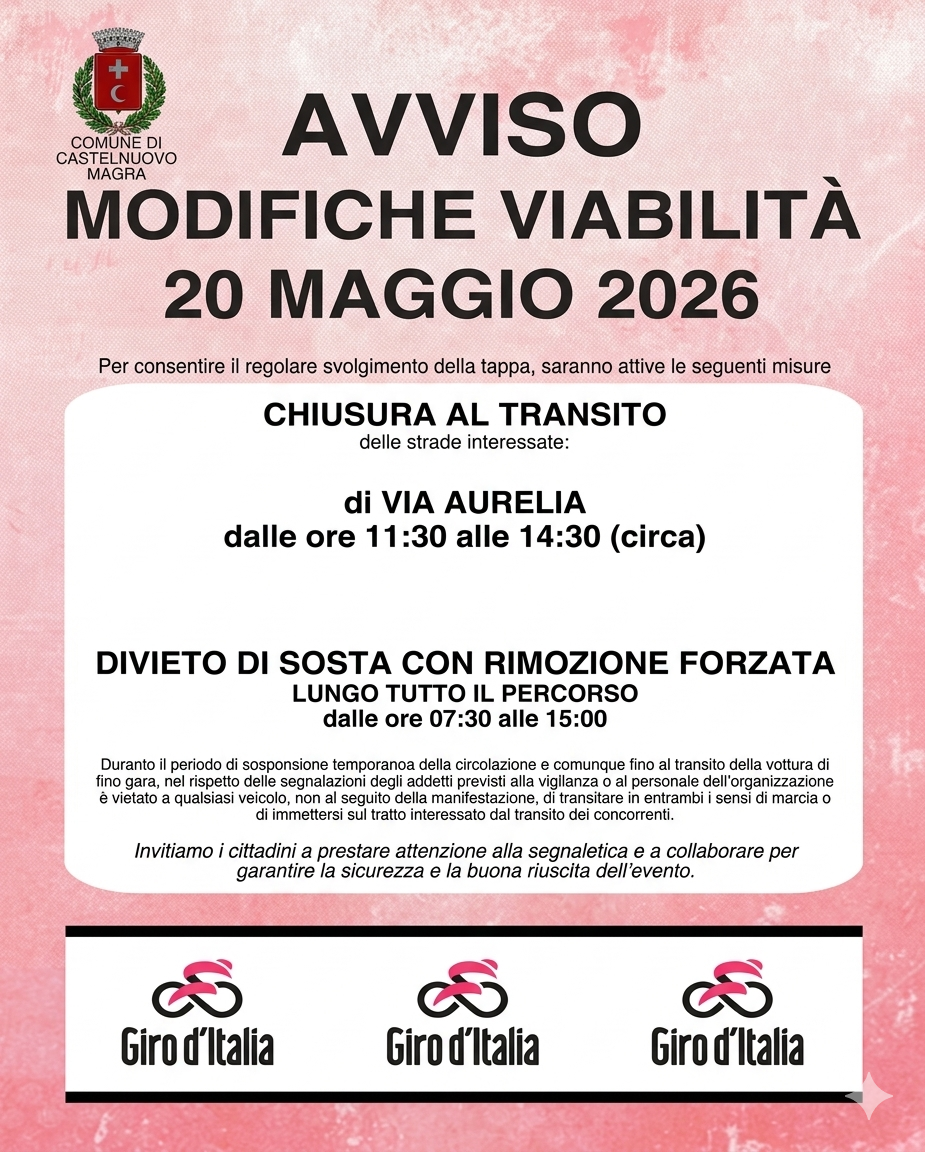 Modifiche alla viabilità 20 maggio 2026 in occasione del 109° Giro d'Italia