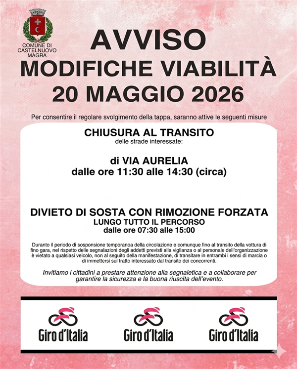 Modifiche alla viabilità 20 maggio 2026 in occasione del 109° Giro d'Italia