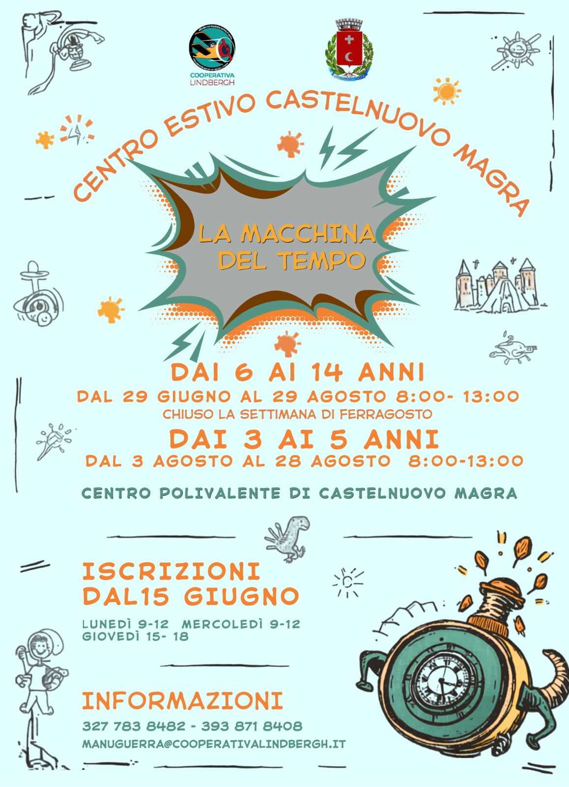 orologio verde e marrone, rotondo, sfondo celeste chiaro varie immagini tra cui un castello, un dinosauro, un bambino.