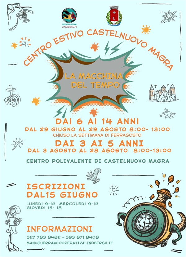orologio verde e marrone, rotondo, sfondo celeste chiaro varie immagini tra cui un castello, un dinosauro, un bambino.