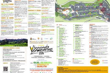 Sono due locandine affiancate relative all'evento "Benvenuto Vermentino 2026", che si terrà a Castelnuovo Magra. La locandina di sinistra (Evento Principale) illustra la XV Edizione di "Benvenuto Vermentino" (dedicata ai vini Vermentino di Liguria, Toscana, Sardegna e Corsica) in contemporanea con la XXXVIII Rassegna dell'Olio di Oliva Extra Vergine e dei prodotti di qualità. Quando: Sabato 20 e domenica 21 giugno 2026, dalle ore 17:30 alle 23:00. Dove: Centro storico di Castelnuovo Magra (Atri storici, Piazza Querciola, Torre del Palazzo dei Vescovi di Luni). Attività: Piatti tipici, degustazioni di vino e olio, convegni, musica, banchi gastronomici, laboratori e showcooking.