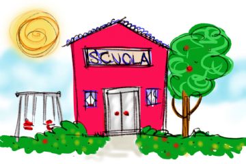 scuola colore rosso un sole giallo un albero e un altalena