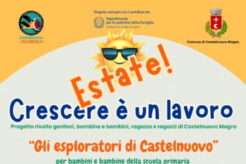locandina gialla con due famiglie ad entrambi i lati  e un sole al centro con gli occhiali da sole neri