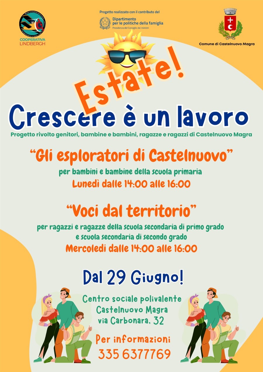 locandina gialla con due famiglie ad entrambi i lati  e un sole al centro con gli occhiali da sole neri