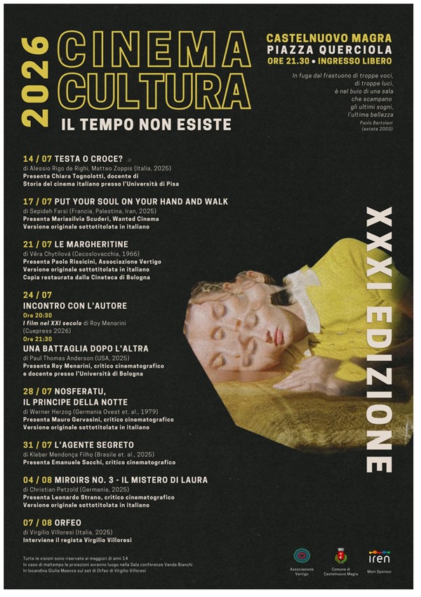 Lo sfondo è scuro, quasi nero con una leggera trama ruvida. Il titolo principale "CINEMA CULTURA" risalta in grandi lettere gialle sagomate in alto a sinistra. Sul lato destro campeggia un'immagine fotografica artistica con un effetto di esposizione multipla/movimento, che mostra i volti e le braccia sovrapposte di una ragazza con un vestito giallo. Una nota a piè di pagina specifica che si tratta di un'immagine di Giulia Maenza sul set di "Orfeo" di Virgilio Villoresi. In alto a destra sono indicati il luogo (Castelnuovo Magra, Piazza Querciola), l'orario (ore 21.30) e la dicitura "INGRESSO LIBERO". Subito sotto sono riportati alcuni versi del poeta Paolo Bertolani (estate 2003).
Sul lato sinistro è riportato l'elenco cronologico dettagliato delle proiezioni e degli incontri, che si svolgeranno dal 14 luglio al 7 agosto, completo di titoli dei film, registi, nazionalità, anni di produzione e nomi dei presentatori. Mentre, in basso a sinistra viene segnalato che tutte le visioni sono riservate ai maggiori di anni 14 e viene indicato il luogo alternativo al coperto in caso di maltempo, Sala conferenze Vanda Bianchi. Infine, in basso a destra compaiono i loghi degli organizzatori e sponsor: Associazione Vertigo, Comune di Castelnuovo Magra e Iren, quale sponsor principale.