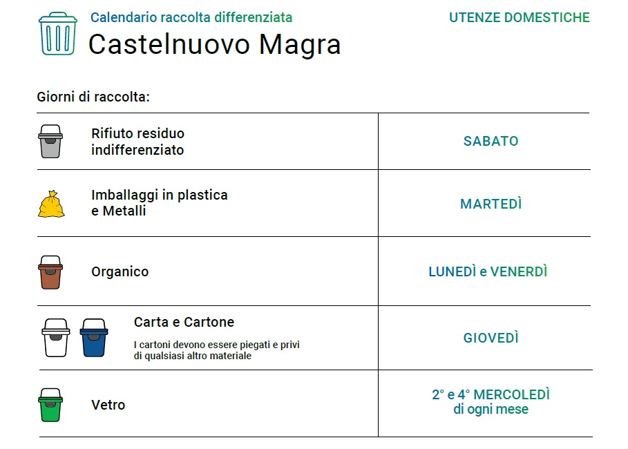 nuovo calendario della raccolta differenziata in sfondo bianco, riportante le icone dei bidoncini in colore a seconde del rifiuto da smaltire. bidoncino grigio per rifiuto residuo indifferenziato il sabato, sacco giallo per imballaggi in plastica e metalli il martedì, bidoncino marrone per rifiuti organici il lunedì e venerdì, bidoncini bianco e blu per carta e cartone il giovedì e bidoncino verde per vetro il secondo e quarto mercoledì di ogni mese.
Riporta anche scritta di avvertenza in colore verde sfumato al blu con il messaggio: ATTENZIONE! ESPORRE CONTENITORI/SACCHI LA SERA PRECEDENTE IL GIORNO DI RACCOLTA DALLE ORE 21:00 ALLE ORE 24:00.